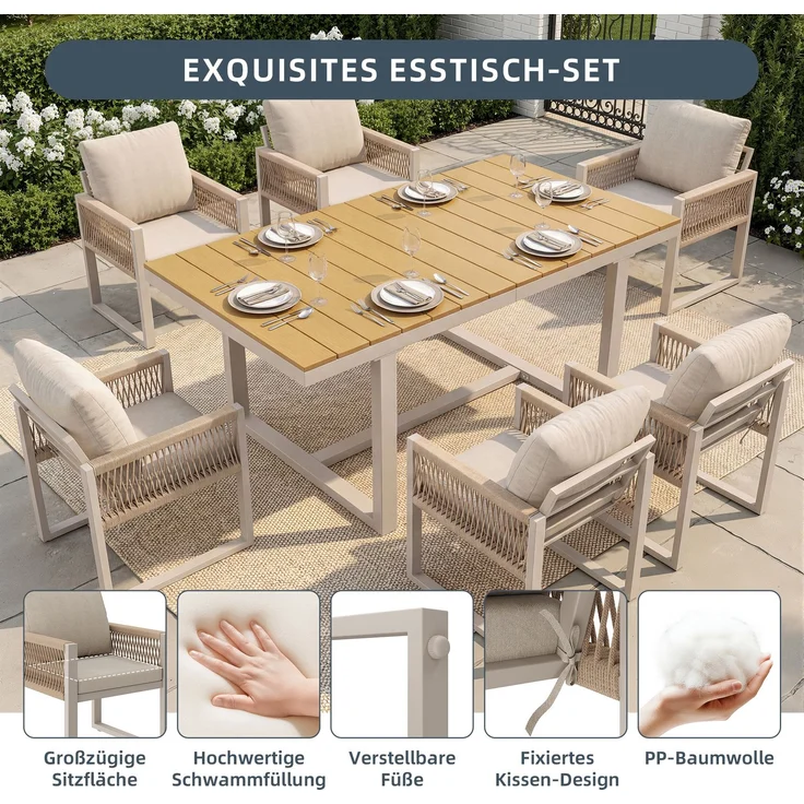 Merax 7-tlg. Garten-Essgruppe, Outdoor-Esstisch-Set, mit 1 Tisch + 6 Stühle, mit Seilgeflecht & Kissen Wetterfest, Beige – Bild 6