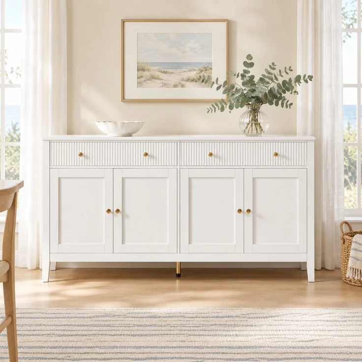 DESVIAE Sideboard mit 2 Schubladen und 4 Türen 160x82x40 cm aus MDF Weiß – Bild 2