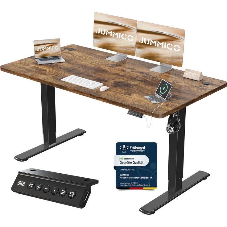 JUMMICO Schreibtisch elektrisch höhenverstellbar mit USB-Ladeanschluss, Braun, 140x60 cm