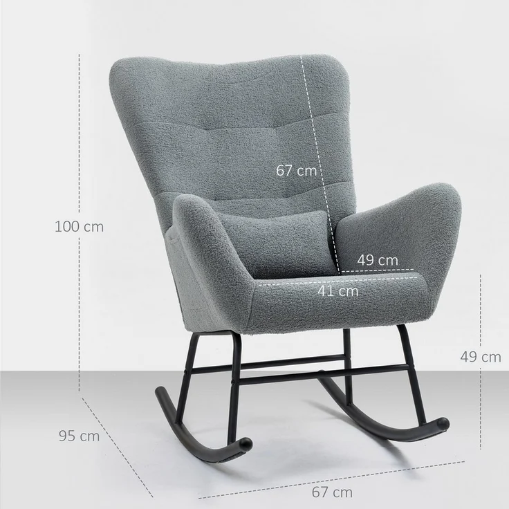 HOMCOM Schaukelstuhl Schaukelsessel mit Teddystoff-Optik Armlehne Stillsessel mit Holzkufen (Relaxsessel, 1 St), mit Seitentasche für Wohnzimmer, Schlafzimmer, Grau – Bild 2