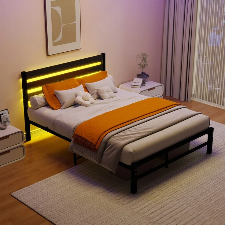 Homerecommend Metallbett 140x200 cm, Doppelbett und Jugendbett, mit MDF-Kopfteil, RGB-LED-Beleuchtung und 2 USB-Anschlüssen, Schwarz – Bild 5