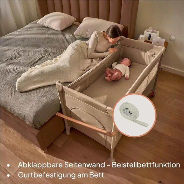 Lionelo Ellen 3 in 1 Reisebett von 0 bis 3 Jahren, Beistellbett für Neugeborene und ältere Kinder bis 15 kg, 2 Matratzenhöhen, Befestigungsgurte, seitlicher Reißverschluss, 2 Rollen, Tasche – Bild 2