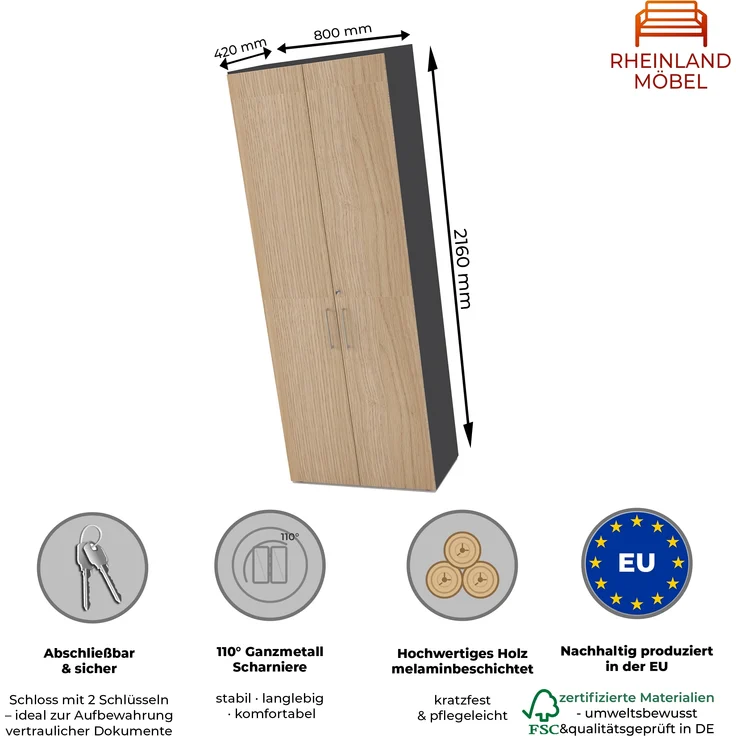 Rheinland Möbel Flügeltürenschrank Cabino 80×42×216 cm – abschließbarer Aktenschrank 6OH in Graphit/Eiche mit 110° Drehtüren & Metallgriff – Bild 2