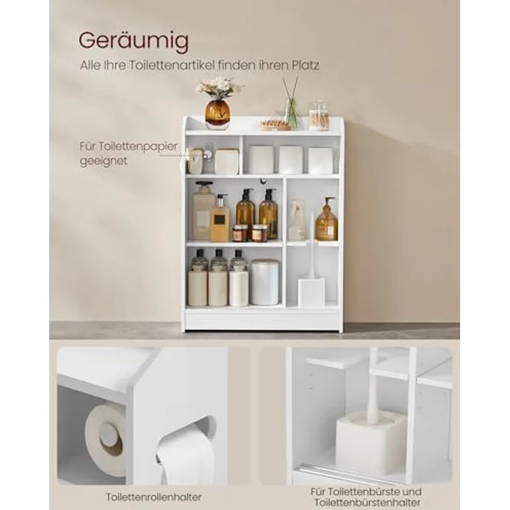 Vasagle Badezimmerschrank, Badschrank platzsparend, Toilettenrollenhalter, Toilettenbürstenhalter, Schiebetüren, verstellbare Einlegeböden, neben der Toilette, 20 x 60 x 80 cm, wolkenweiß BBC752W01 – Bild 5