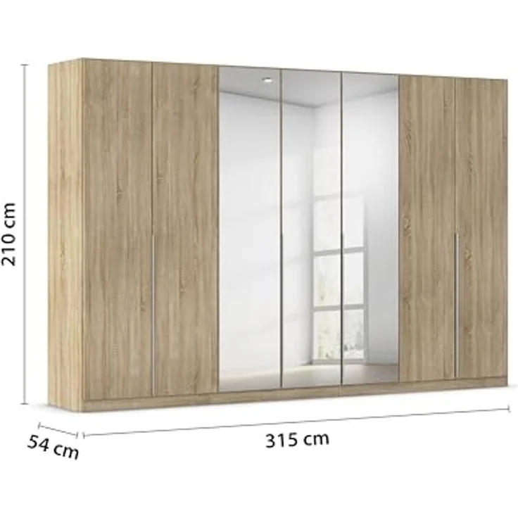 Rauch Möbel Alabama, Kleiderschrank für Schlafzimmer, Kinderzimmer, Wohnzimmer, Garderobe, Flur, 7-türig, Spiegel, mit Zubehör Premium, Farbe Eiche Sonoma, Holz, Breite 315 cm – Bild 3