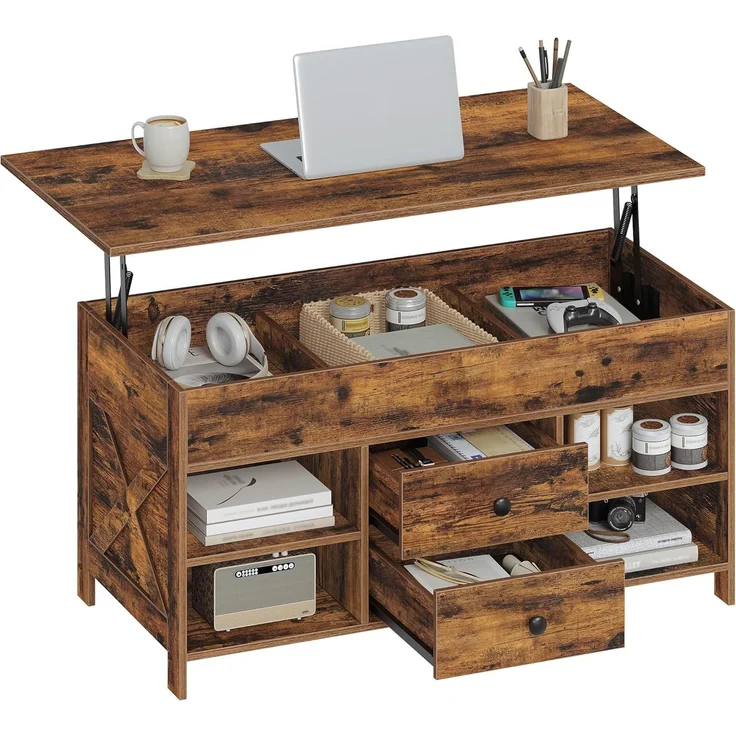 Couchtisch, höhenverstellbarer Wohnzimmertisch, Sofatisch, 2 Schubladen und Versteckter Stauraum, 50 x 100 x 47,3-61,3 cm, für Wohnzimmer, Esszimmer, Büro, Vintage Braun-Schwarz – Bild 2