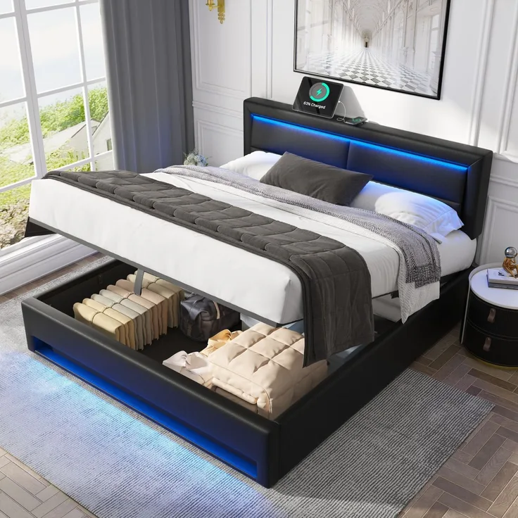 Merax Polsterbett, Doppelbett, 140x190 cm, mit USB-Anschluss (unterstützt kabelloses und kabelgebundenes Laden), LED-Beleuchtung und Stauraum, PU, schwarz