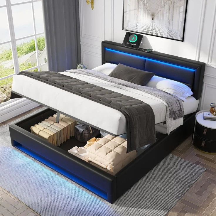 Merax Polsterbett, Doppelbett, 140x190 cm, mit USB-Anschluss (unterstützt kabelloses und kabelgebundenes Laden), LED-Beleuchtung und Stauraum, PU, schwarz – Bild 1