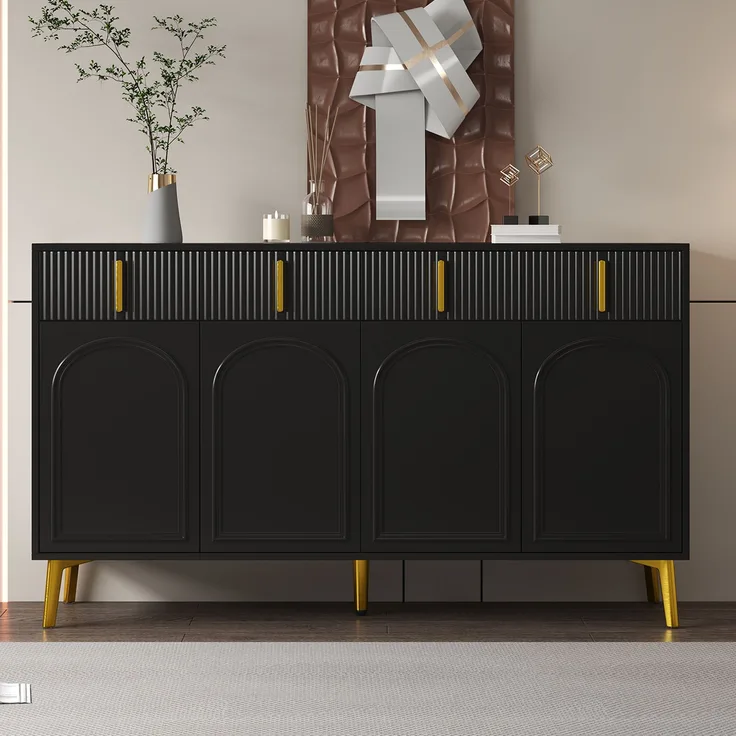 Sideboard aus MDF mit 4 Türen & 4 Schubladen, verstellbare Einlegeböden, 140x38x82 cm, Schwarz