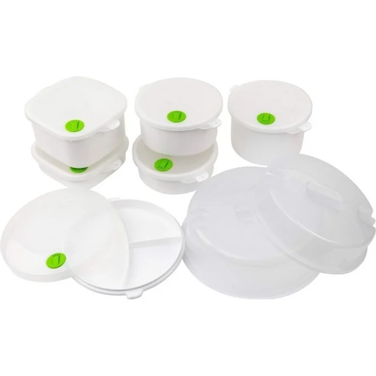 Grizzly Mikrowellenbehälter 14-tlg. Mikrowellen Set, Dampfventil, Einfrieren bis Dampfgaren, (14-tlg), 1x Mikrowellenteller, 5x Mikrowellenschüsseln und 2x Mikrowellenhaube – Bild 4