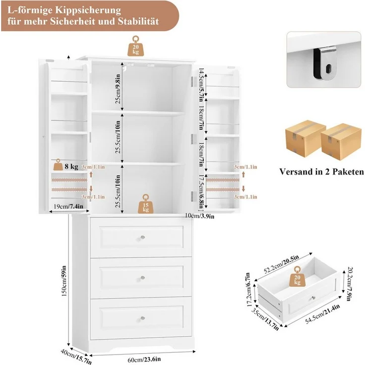Homfa Mehrzweckschrank Küchenschrank Vorratsschrank Buffetschrank Speiseschrank mit 8 Türregalen, 2 Schubladen, 60 x 40 x 150 cm – Bild 2