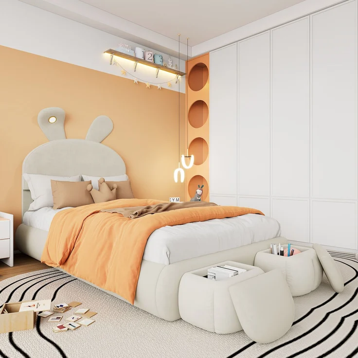 Polsterbett 90×200 mit Hasenohren & dimmbarem LED-Licht, Samtbezug Beige, inkl. Aufbewahrungshockern Einzelbett – Bild 2