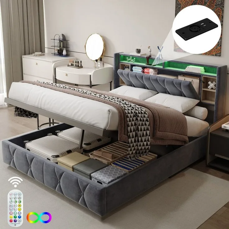 PXloue Stauraumbett Elegantes Bett mit LED-Beleuchtung und Stauraum, Samtbezug, Kopfteil, USB – perfekt für Schlafzimmer.