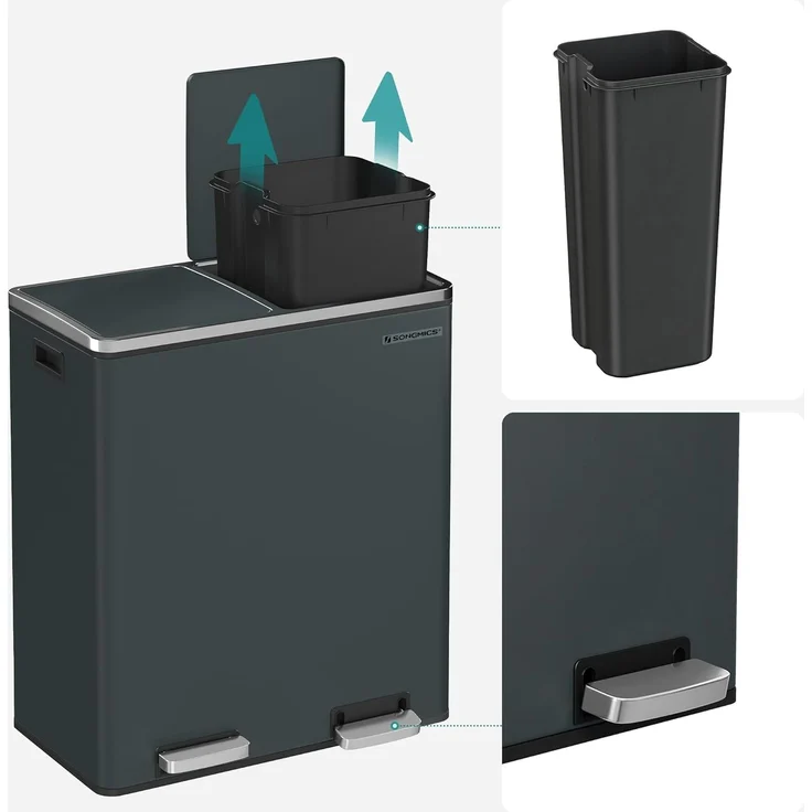 Songmics Mülleimer mit 2 Fächern und Softclose, luftdicht inkl. Müllbeutel, Metall, 60 (2x30) Liter, Rauchgrau – Bild 5