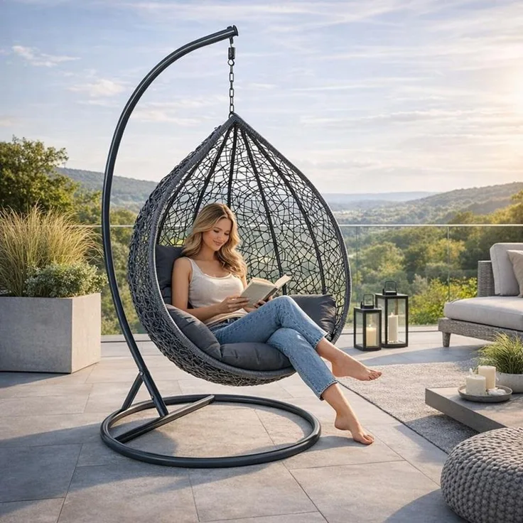 Polyrattan Hängesessel Hängekorb mit Gestell Rattan Hängestuhl Sessel Anthrazit