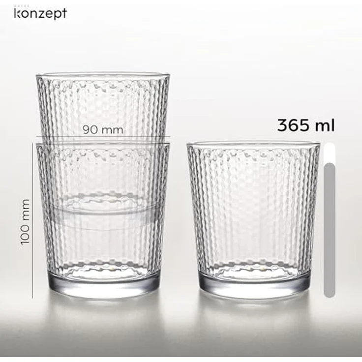 KONZEPT Gläser-Set Transparente Trinkgläser Set 365 ml 6 Stk. Stapelbar, 6-tlg, 6-teilig, Strukturierte Gläser Ideal für Wasser, Saft, Milch – Bild 3