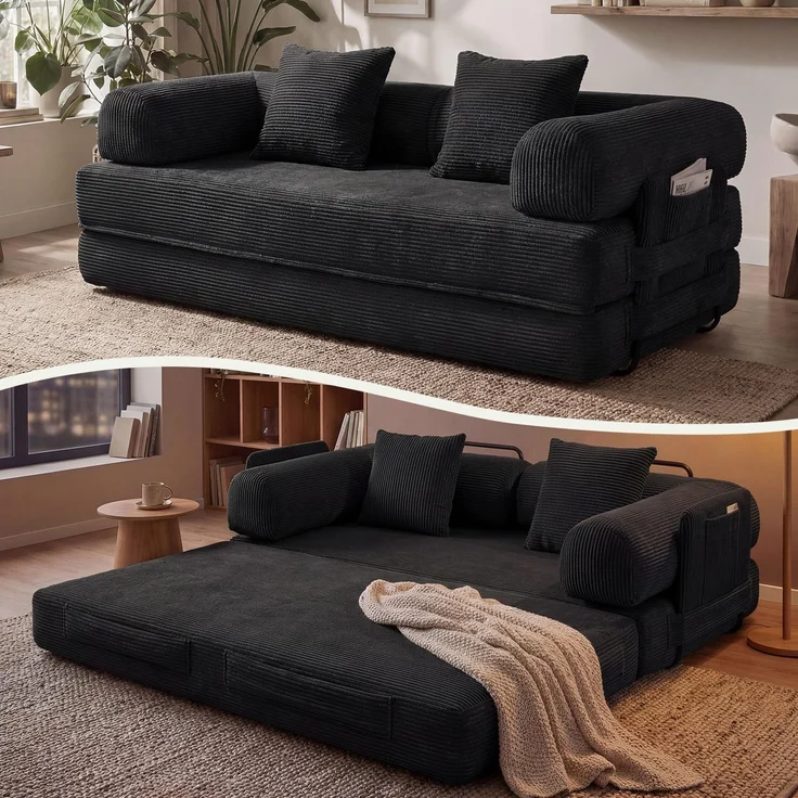 Aoxun Kordstoff Schlafsofa 200×97×70cm, 5-in-1 Umwandelbares Bodensofa, Hochdichter Schaumstoff, Haustierfreundlich, Keine Montage, Schwarz – Bild 1