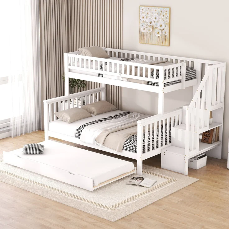 Etagenbett 90x200/140x200 cm Kinderbett mit ausziehbarem Rollbett,Hochbett mit Ablagefächern, Treppe und Geländer,weiß – Bild 2
