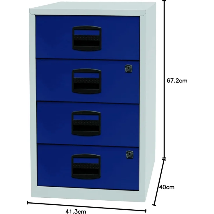 Bisley Home Beistellschrank mit Schloss aus Stahlblech, 4 Universal-Schubladen abschließbar - Büroschrank für DIN A4 Dokumente, Kleinteile & Büromaterial - Farbe: grau/blau, PFA4S-505 – Bild 3