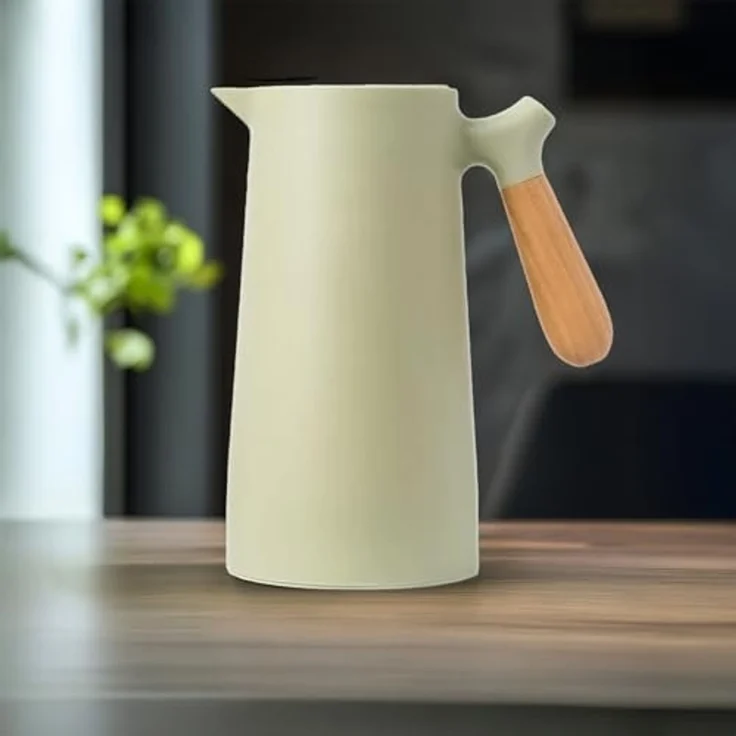 KVOTA Isolierkanne 1L Thermoskanne Glaskolbe Olive Holzgriff 1-Click Öffnung, 1 l – Bild 3