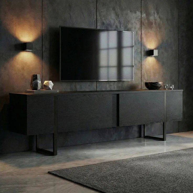 Modern Industrial TV Stand, Black Wood Finish, 180 x 50 x 30 cm | 100% Melamine Coated Particle Board, 18 mm Thickness | Stylish & Functional Design for Living Room & Entertainment Spaces – Bild 2