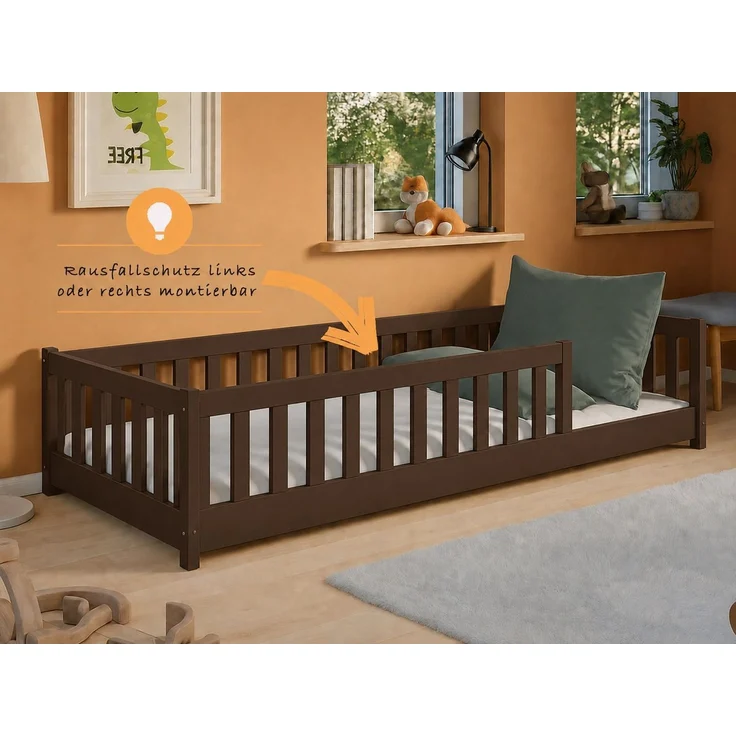 Kids Collective Kinderbett Bodenbett Bett mit Rausfallschutz & Lattenrost Montessori Bett Kinder (weitere Größen 90x200, 120x200, 140x200 cm), Gitterbett Jugendbett Einzelbett Zartbitterschokolade 80x160 cm – Bild 4