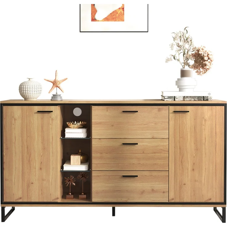 DESVIAE Sideboard mit LED-Beleuchtung, verstellbaren Regalböden, 160x85x40 cm, Spanplatte und MDF, Naturholz und Schwarz – Bild 7