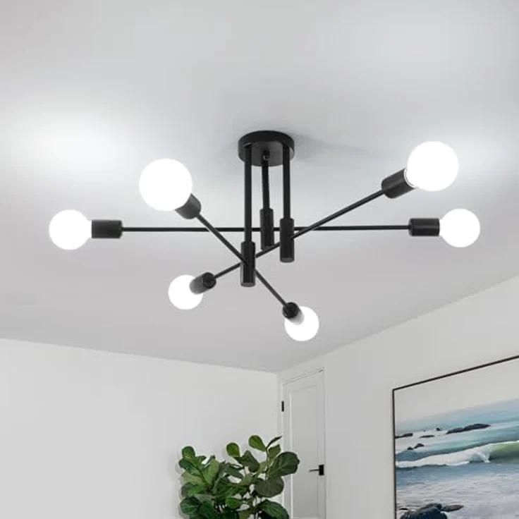 Goeco Deckenlampe Schwarz Vintage, 6 Flammig E27 Fassung Industrial Kronleuchter, Retro Deckenleuchte Sputnik für Schlafzimmer Küche Wohnzimmer, 70CM MAX. 60W (Glühbirnen Nicht Inbegriffen) – Bild 2