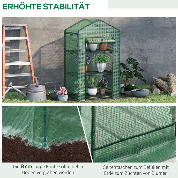 Mini-Gewächshaus Anzuchtgewächshaus mit Folienabdeckung und 3 Regalböden Regale Rolltür Gemüsebeet--Grün--125x49x69cm--YOUDENOVA – Bild 9