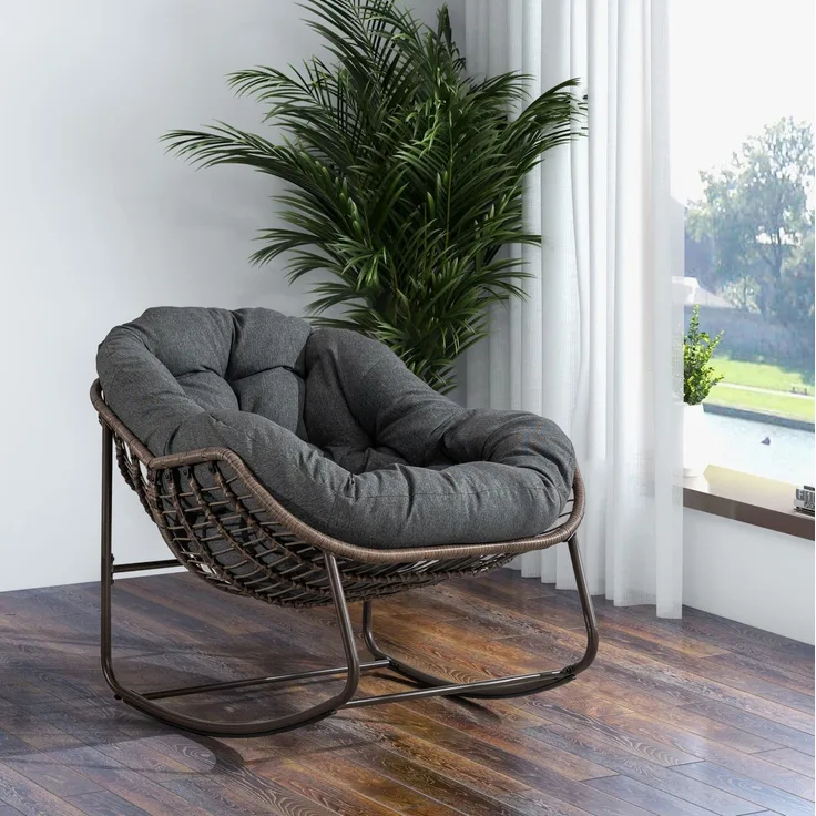 Schaukelstuhl 78x106x90 cm mit Polster, handgeflochtenem Polyrattan, Dunkelgrau