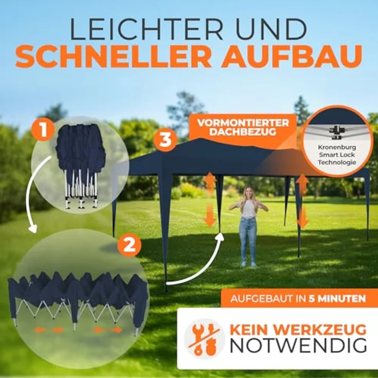 Kronenburg Faltpavillon wasserdicht Pavillon mit 3 Seitenteilen, Gartenzelt, 3x6 m - mit UV Schutz 50+, Blau – Bild 5