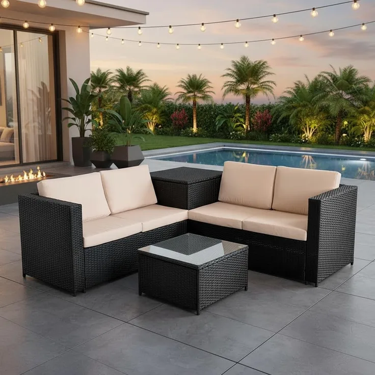 XXL PolyRattan Sitzgruppe Garten Sofa Sitzgarnitur Gartenset Schwarz Auflagenbox