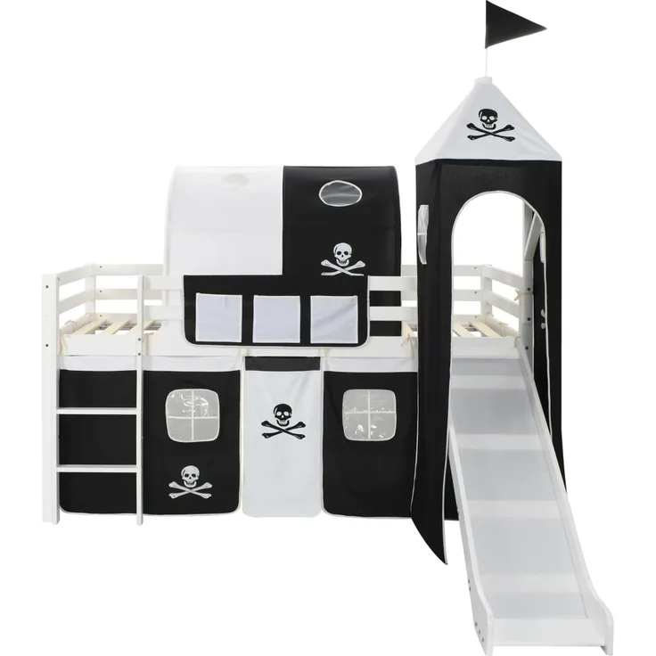 vidaXL Kinderhochbett-Rahmen, schwarz-weiß, 97x208 cm, mit Rutsche & Leiter Kiefernholz