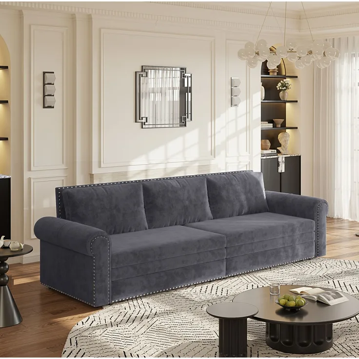 Schlafsofa 238x90x98 cm, 3-in-1 ausziehbar mit Samtbezug und verstellbaren Rückenkissen, Ohne Matratze