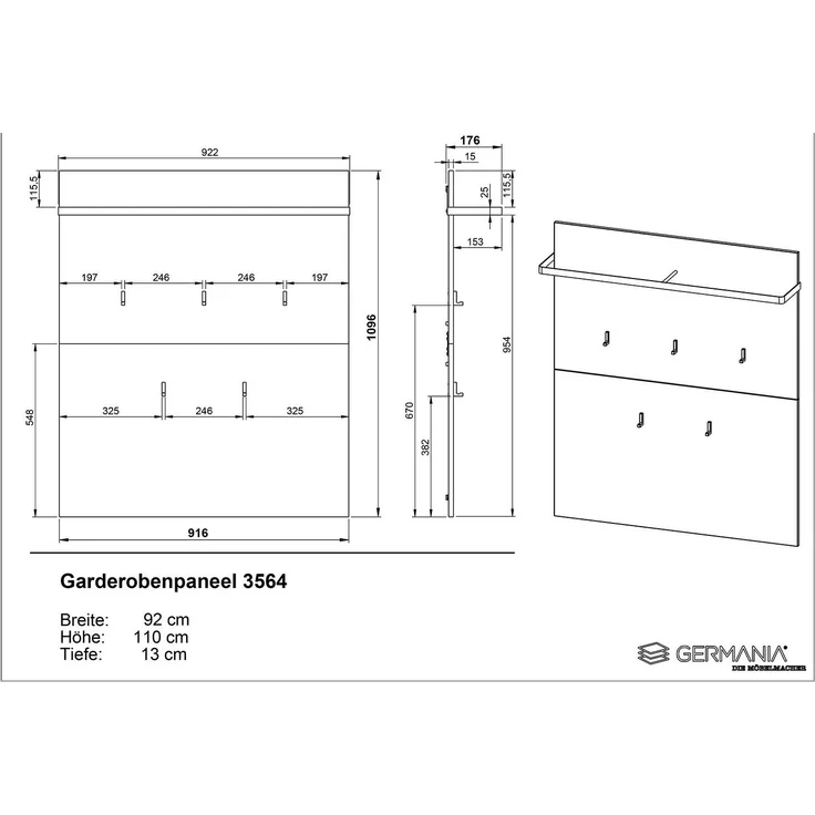 Garerobenpaneel Luna / GW-Lomena, Holzwerkstoff, Grau, 92 x 110 x 18 cm – Bild 7