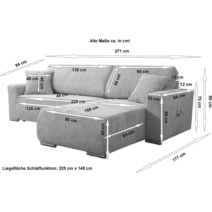 Sofa Couch Ecksofa Eckcouch Wohnlandschaft Schlaffunktion Lincoln Cord Bezug – Bild 3