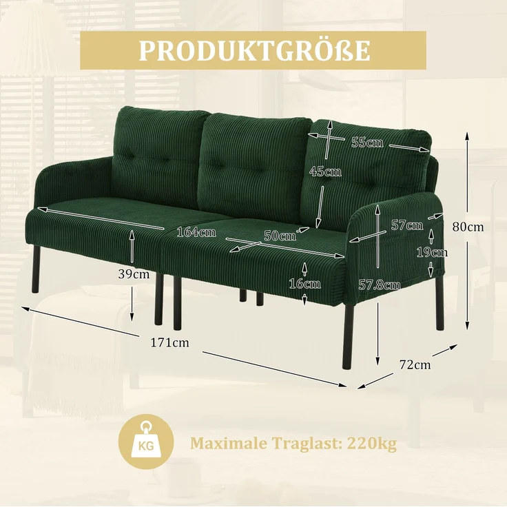 DESVIAE Sofa 3-Sitzer mit Seitentasche 171x72x80 cm Cord Smaragdgrün – Bild 10
