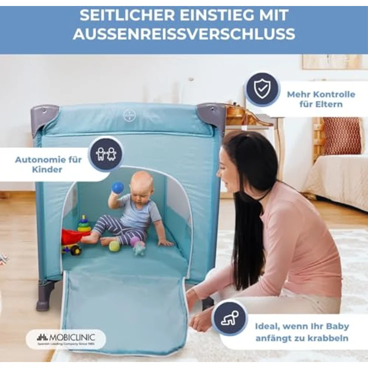 Mobiclinic®, Reisebett, Tragetasche, 2 in 1, Ultrakompakt faltbar, Herausnehmbare matratze, Mofli, Bis zu 15kg, Atmungsaktives gewebe, Seiteneingang mit reißverschluss, Baby laufstall (himmelblau) – Bild 8