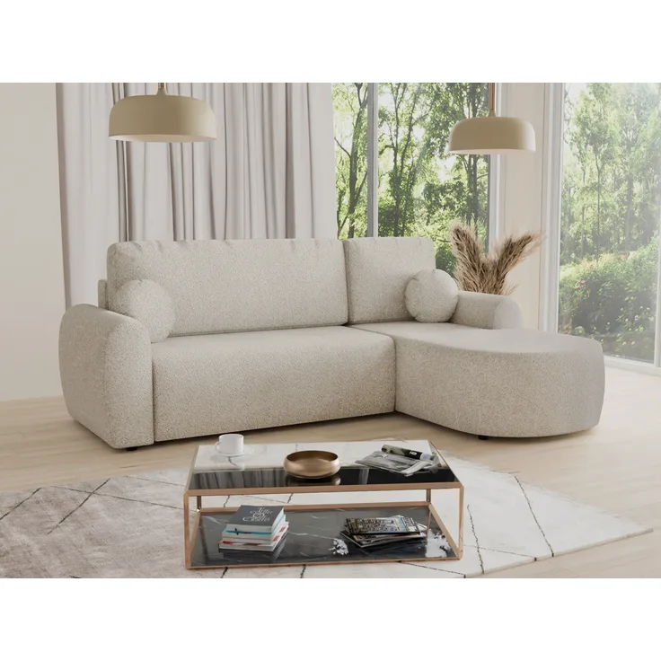Ecksofa Jazz mit Schlaffunktion und Bettkasten - Bouclé-Stoff - L-Form Couch, Polstersofa, Schlafsofa, Sofagarnitur, Bettsofa (Beige (Coral 65), Ecksofa Rechts)