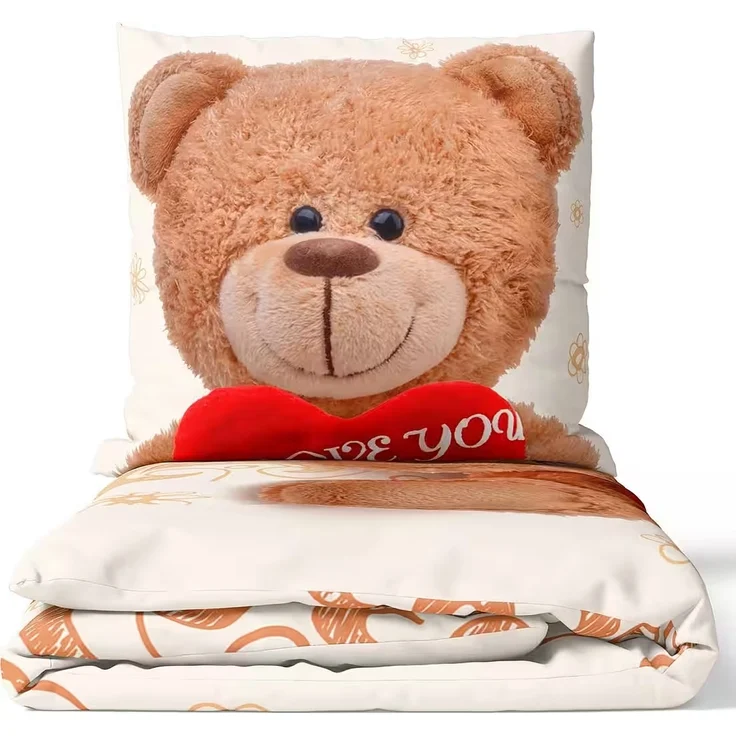 Fleece Bettwäsche Weiß-Beige mit Teddy-Herzmotiv aus 100% Polyester 135x200 cm – Bild 1