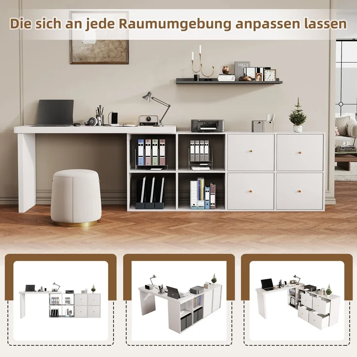 Flieks rechter Ecke 360° Drehschreibtisch, L Eckschreibtisch mit Sideboard, 4 Fächern & 4 Schubladen, 120×48×78 cm + 140×35×73.5 cm, Weiß – Bild 5