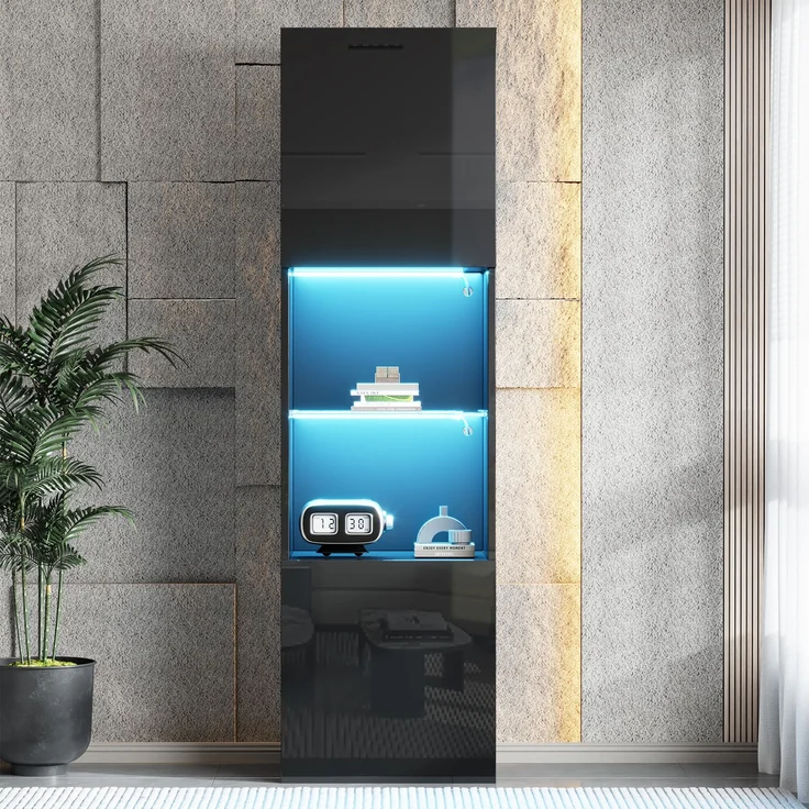 ZUBALIYA Vitrine (45 x 35 x 160 cm), LED - Beleuchtung, Hochglanzoptik, Aufbewahrung für Sammlerstücke, Geschirr und Dekoration, Schwarz – Bild 5