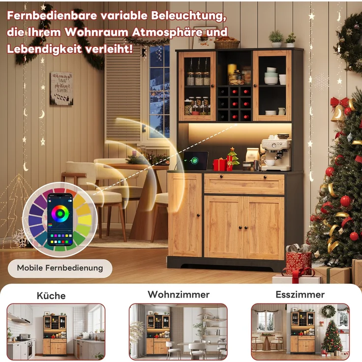 Küchenschrank, Hochschrank, Aufbewahrungsschrank, Vitrinenschrank mit Tür, integriertem Gewürzregal, verstellbaren Einlegeböden,mit farbwechselnder LED-Beleuchtung und Steckdose, 180 × 105 × 40 cm--Schwarz + Natur--105x40x180cm--YOUDENOVA – Bild 3