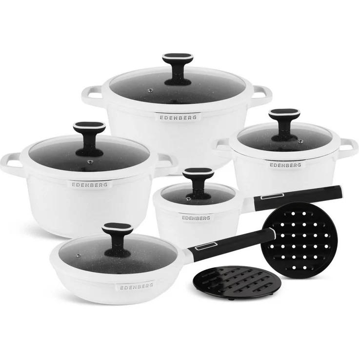 Edenberg Topf-Set Wunderschönes weißes Topfset, Pfanne, Kasserolle, Glasdeckel Keramik, Aluminium, Keramik (1.4L / 1.9L / 2.6L / 4.5L / 6.7L, 12-tlg, Zeitloses Design des Topfsets. Eine ideale Geschenkidee) – Bild 1