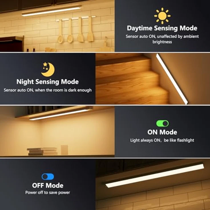OUILA Unterbauleuchte Küche LED 2 Stück 60CM Schrankbeleuchtung Batterie 5000mAh USB Wiederaufladbar Magnetische Lampe Kabellos Schranklicht mit Bewegungsmelder für Schlafzimmer, Werkstatt (Warmweiß) – Bild 4