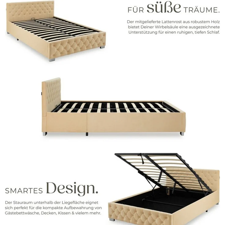 tectake Polsterbett Komfortbett mit LED-Leisten & Stauraum - Samtoptik mit Steppmuster (Bettset, in Beige), stabiler Stahlrahmen, Belastbarkeit 250 kg – Bild 2