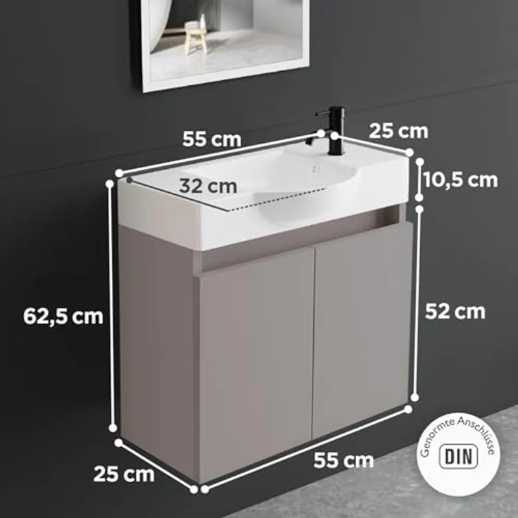 Alpenberger Badmöbel-Set Gäste WC Waschbecken mit Unterschrank 55 cm Breit, (Kleiner Stauraum Schrank, Moderne Waschplätze), Waschtisch mit Unterschrank Light Coffee – Bild 3