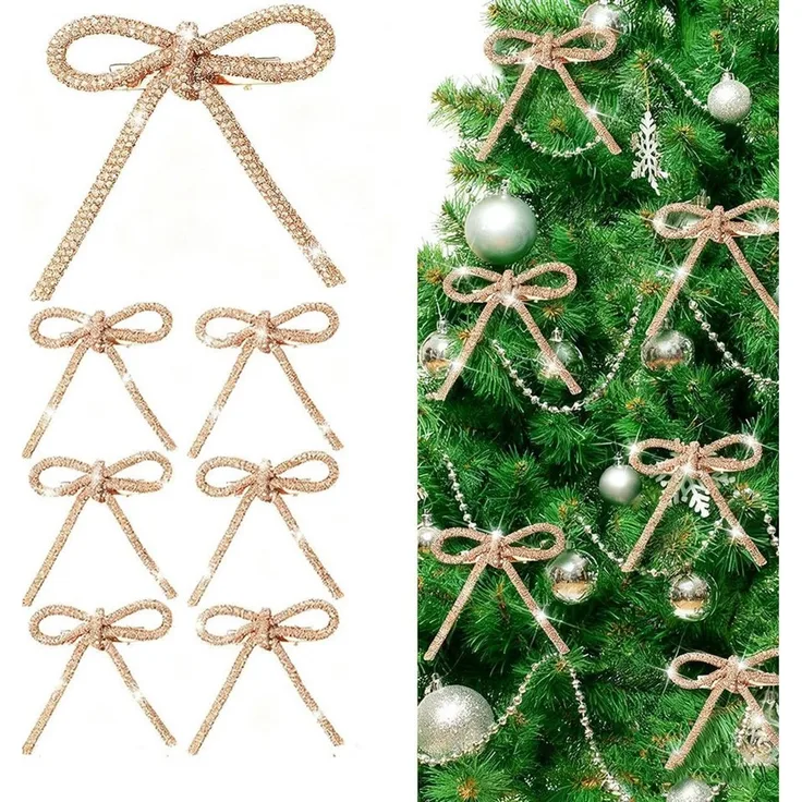 CLTYQ Christbaumschmuck Schleifen mit Strasssteinen und gold-champagnerfarbener Glitzeroptik (6-tlg), für Weihnachtsbaum, Kranz, Girlande und Geschenkverpackung
