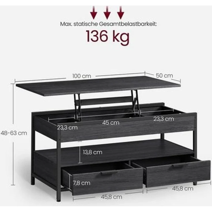 Vasagle höhenverstellbarer Wohnzimmertisch, X-Streben, 50x100 x (48-63)cm, Spanplatte/Stahl anthrazitgrau-schwarz – Bild 2
