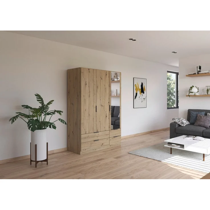 Rauch Möbel Lagoa, Kleiderschrank, Garderobe für Schlafzimmer, Kinderzimmer, Jugendzimmer 3-türig mit Spiegel, 4 Schubladen, mit Zubehör Basic, Farbe Eiche Artisan, Holz, Breite 136 cm – Bild 2